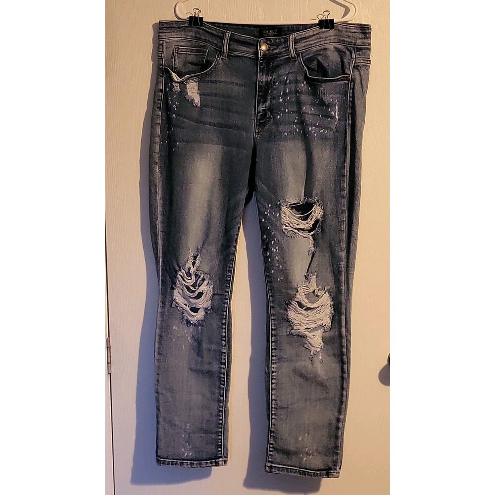 Judy Blue Women's Blue Distress Bleach Splatter Stretch Boyfriend Jeans 16W